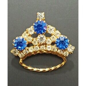 Crown Blue Clear Rhinestone Gold Tone Vintage Brooch Pin